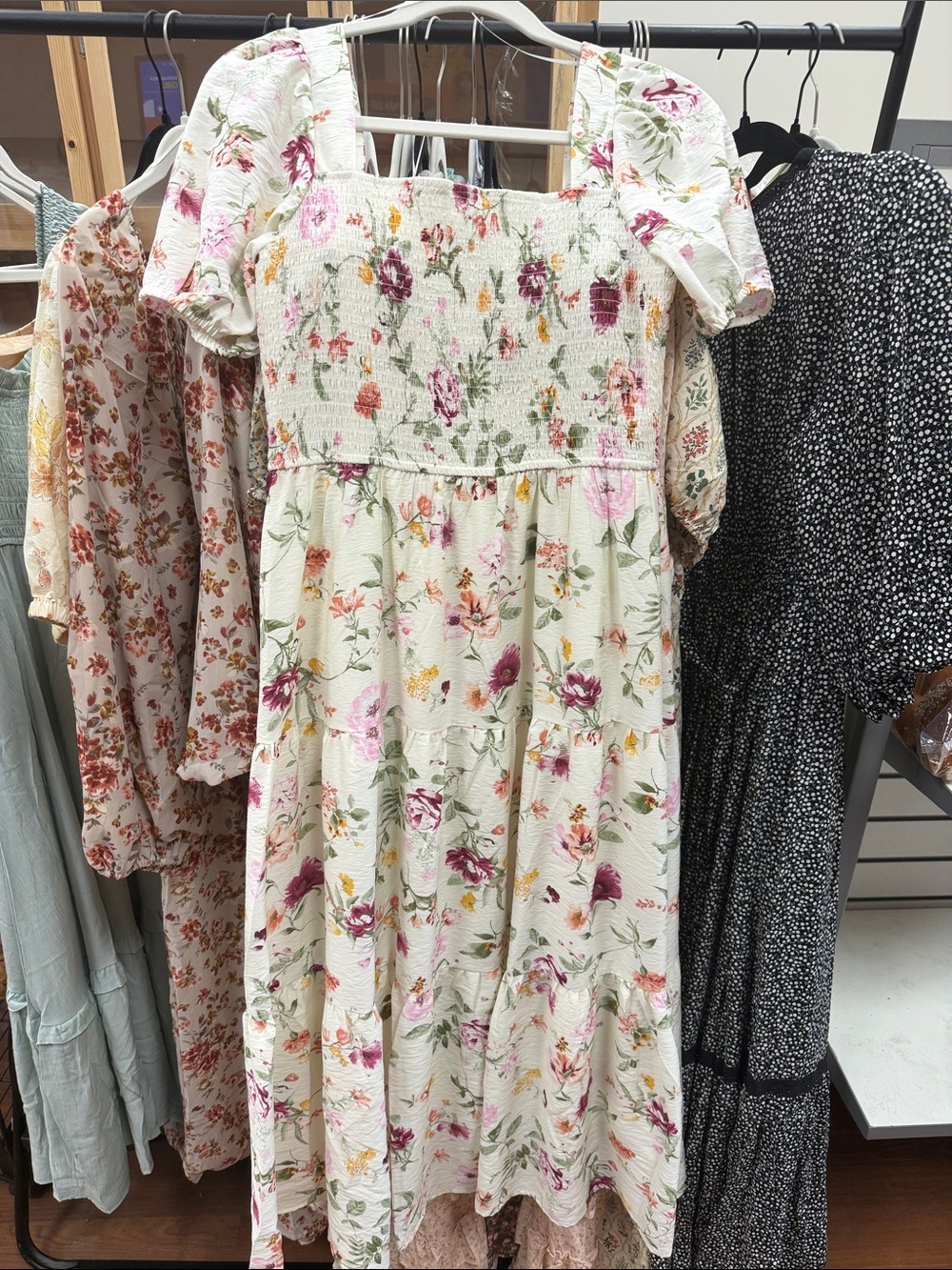 Cream Floral Smocked Midi Dress with Puff Sleeves